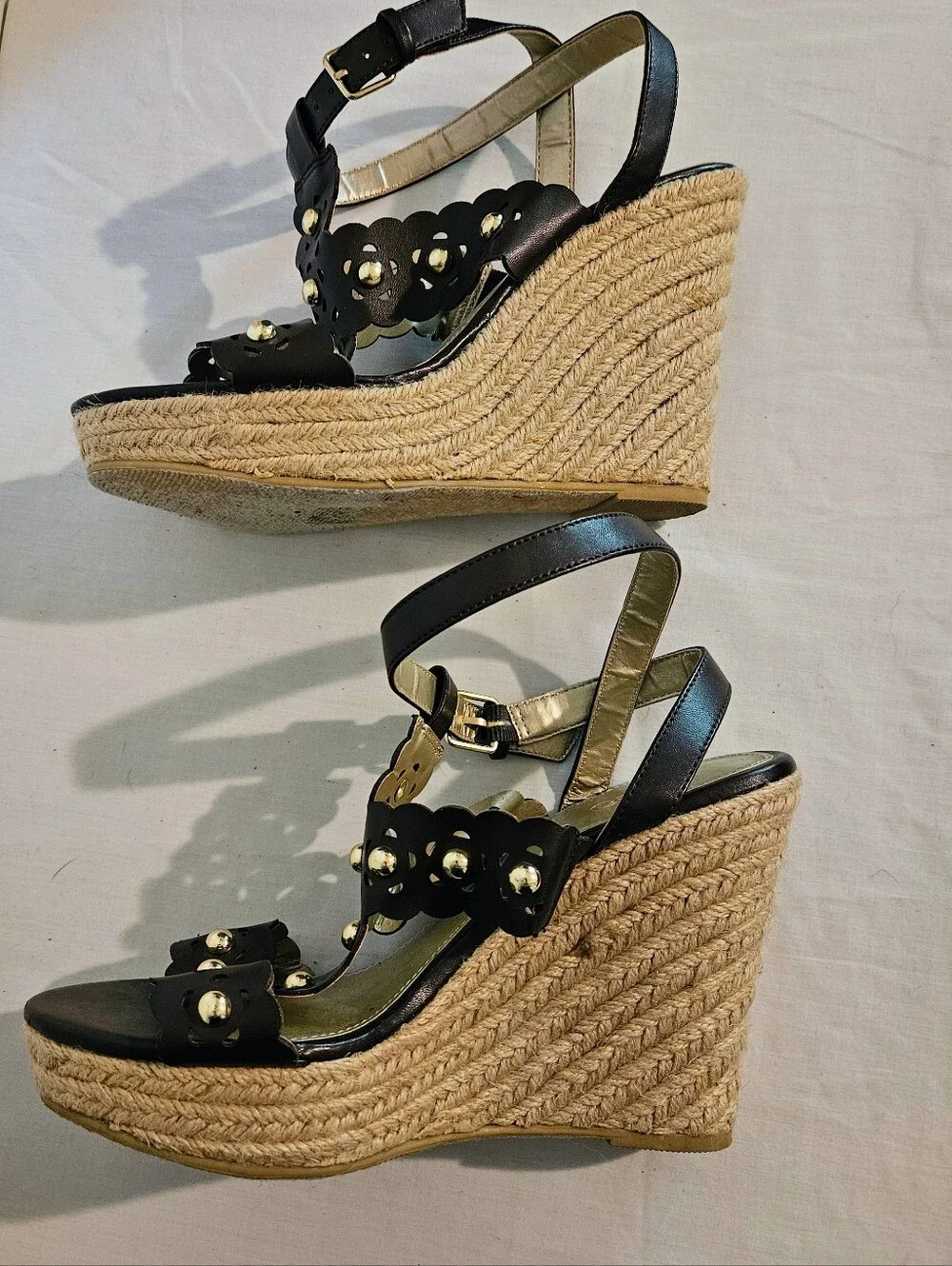Cato Comfort Dark Brown Laser Cut Studded Espadrille Wedge Sandals Estimated 7.5